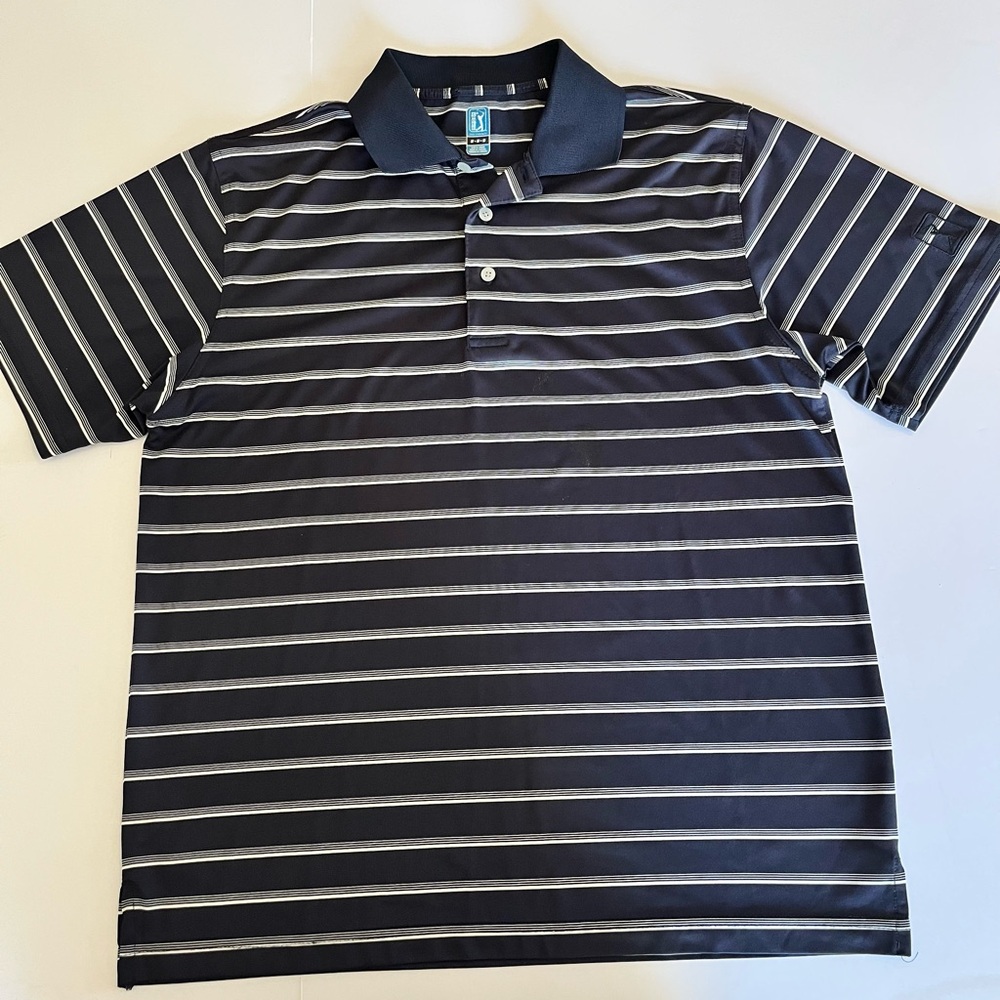 Mens PGA Tour Polo Style Golf Shirt Navy Blue White Striped Size Medium